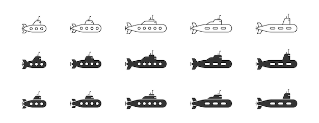 Набор иконок подводной лодки Простой дизайн Векторная иллюстрация