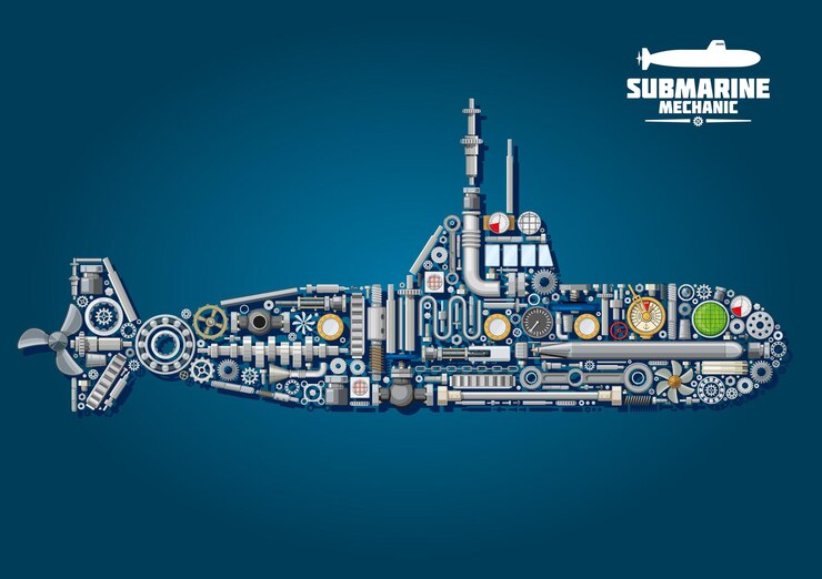 Vector submarine mechanics scheme with underwater warship composed of weapon and details