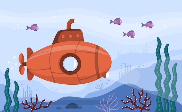 Vector submarine sea concept a bright submarine with a periscope underwater cute vector illustration