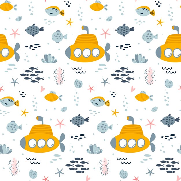 Submarine ship seamless pattern Cute sea vector print for children Underwater life repeat background