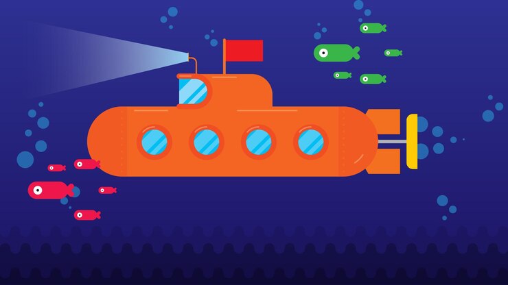 Vector submarine undersea view with fishes flat style vector illustration