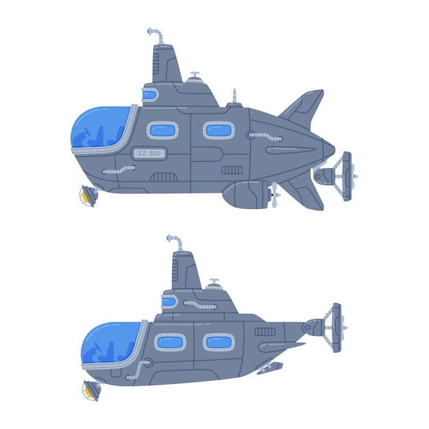 submarine watercraft with porthole swimming underwater vector set
