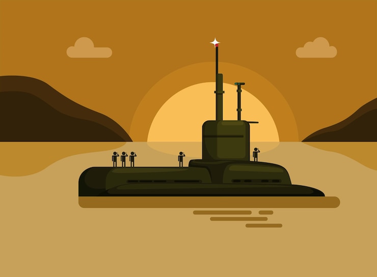 Vector submarine with navy soldier sea island sunset military warship cartoon illustration