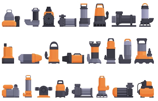 Submersible pump icons set cartoon vector Water motor