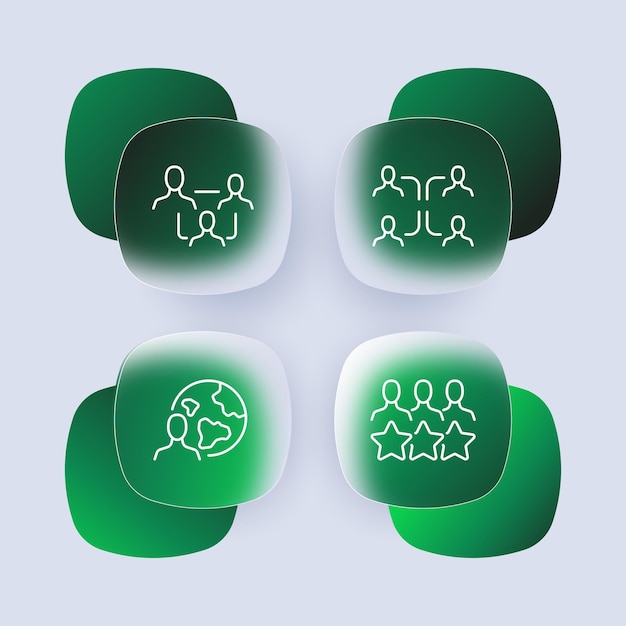 部下は、アイコンを設定します従業員惑星世界的なリモート作業オンライン インターネット評価星レート達成ビジネス コンセプト glassmorphism スタイル ビジネスと広告のベクトル線アイコン