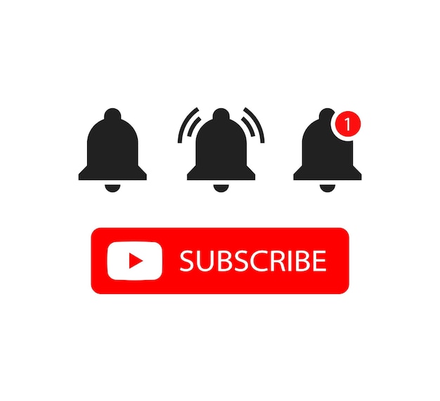 Vector subscibe button with notification bell icon and youtube logo in simple label banner