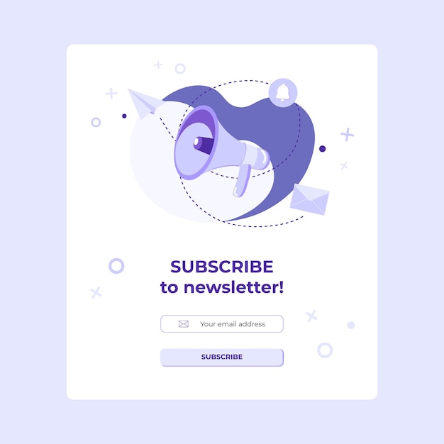 Subscribe banner with megaphone and social media icon. Subscription to newsletter.