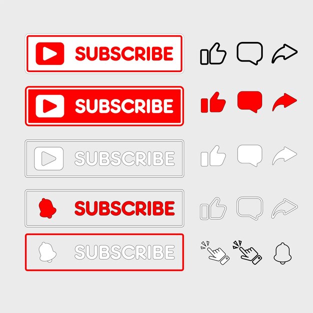 Vector subscribe bell button and hand cursor red button subscribe to channel blog social media background