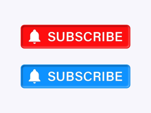 Vector subscribe button 3d for youtube video channel in modern frame with bell icon in blue and red color