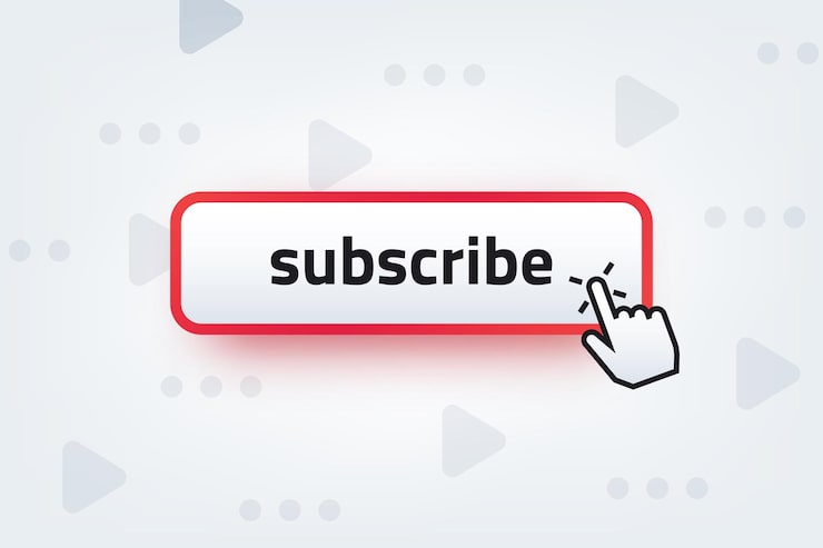 Vector 訂閱按.按下手指標與訂閱按鈕,視頻頻道互動符號.矢量訂閱 ui 元素在灰色背景上,播放符號