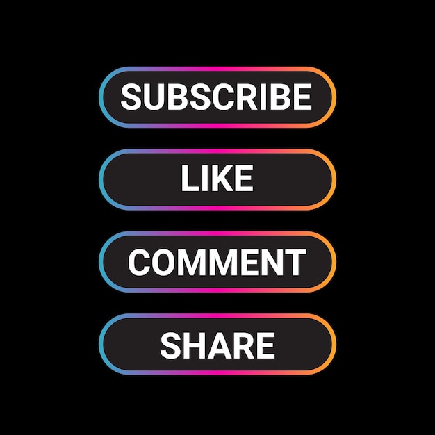 subscribe button, like button, comment button, share button neon vector