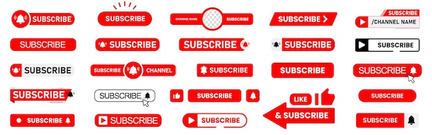 Subscribe buttons collection for social media Red and black subscribe icons Set of interface subscribe buttons