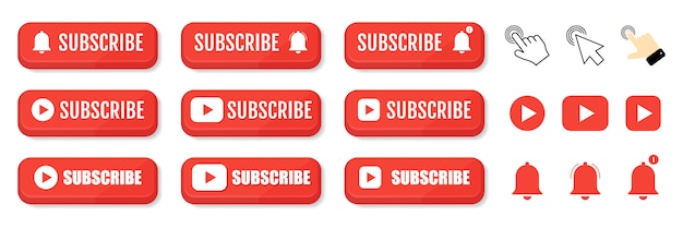 Subscribe, call button and hand cursor. Red button for subscribing to a channel, blog. Social network web button, channel element, video content. Social media concept.