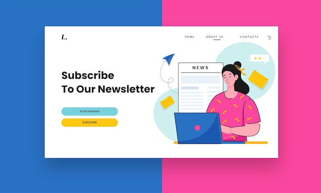 Subscribe to newsletter based landing page with young woman character using laptop