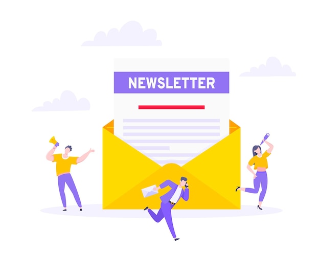 Subscribe now to our newsletter vector illustration with tiny people working with envelope