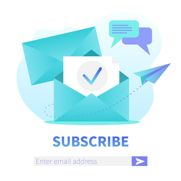 Vector subscribe to our newsletter square web banner template. opened envelope with new letter. mail marketing, correspondence service delivery registration banner.