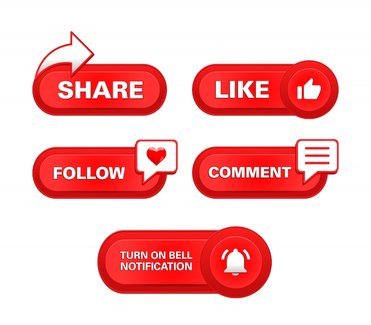 Vector subscribe share like follow comment button notification bell realistic
