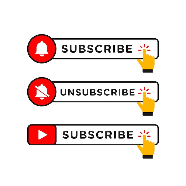 Subscribe and unsubscribe red button with bell and video icon to channel