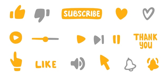 ベクトル サブスクリプション、通話ボタン、ハンドカーソル。黄色のボタンは、チャンネル、ブログ、いいねボタン、ありがとう、音量アイコン、電話を購読します。ソーシャルネットワークの背景。マーケティング。ベクトルイラスト。