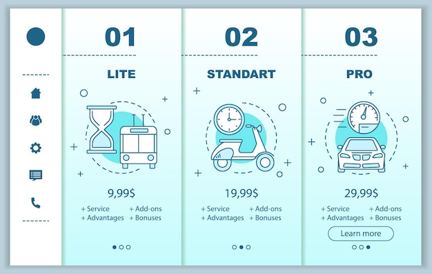 서비스 가격이 포함된 모바일 앱 화면 온보딩 구독료 비즈니스 프로그램 둘러보기 웹사이트 페이지 템플릿 Lite Standard Pro 관세 계획 요금 단계 스마트폰 지불 웹 레이아웃