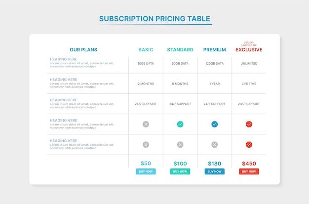 Subscription Packages Comparison Pricing Table Infographic Template with 4 Plans