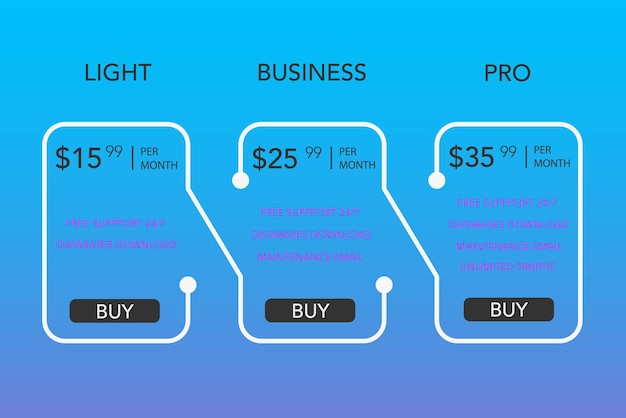 Vector subscription plans with account features information or list of included options and price