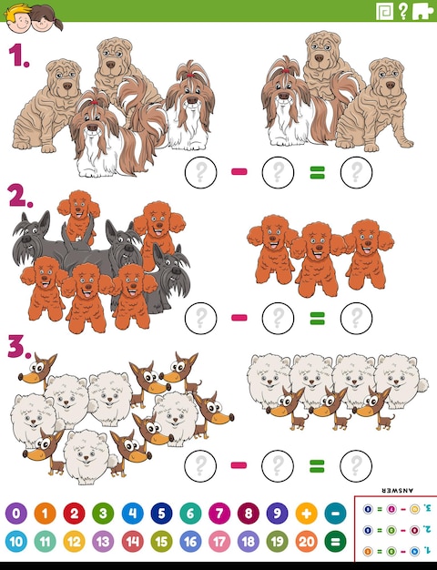 Subtraction educational task with cartoon purebred dogs