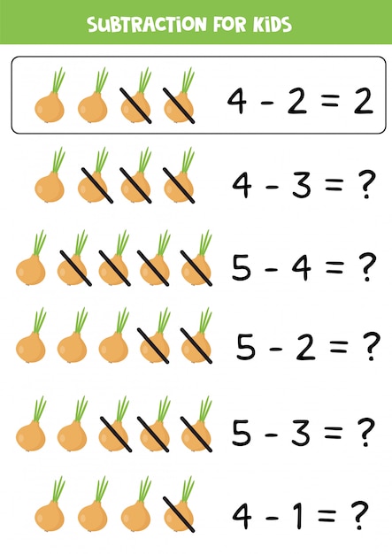 Subtraction for kids. Cartoon onions. Math game.