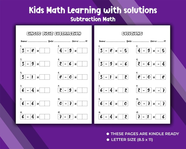 Subtraction math for preschooler kids book with solutions