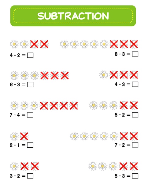Vettore sottrazione foglio di lavoro per la matematica per bambini sviluppo di abilità matematiche risolvere esempi matematica educativa