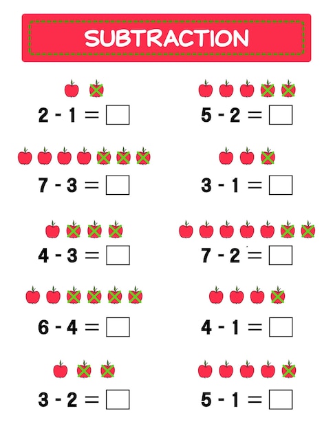 Subtraction Math worksheet for kids Developing numeracy skills Solve examples and write Mathematics Vector illustrationEducational math children game Subtraction for kids