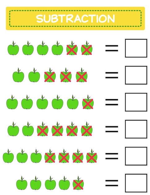 Subtraction Math worksheet for kids Developing numeracy skills Solve examples and write Mathematics Vector illustrationEducational math children game Subtraction for kids