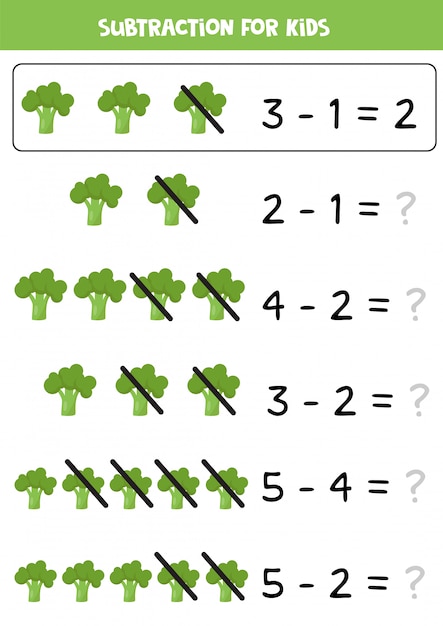 Subtraction for preschool and school children with cute cartoon broccoli.