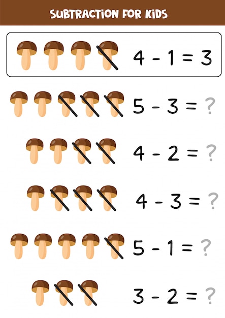 Sottrazione con funghi di bosco autunnali. gioco di matematica.