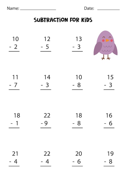 Subtraction with cute purple bird Educational math game for kids