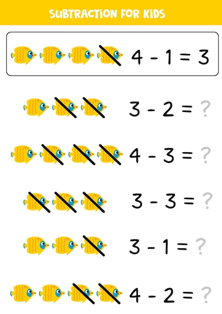 Sottrazione con simpatico pesce farfalla giallo gioco di matematica educativo per bambini