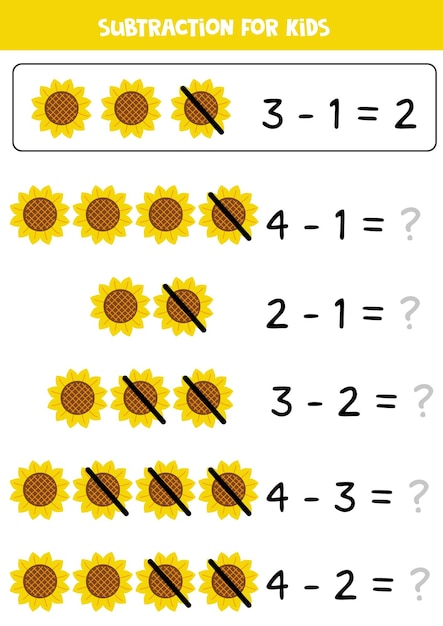 Subtraction with yellow sun flower educational math game for kids