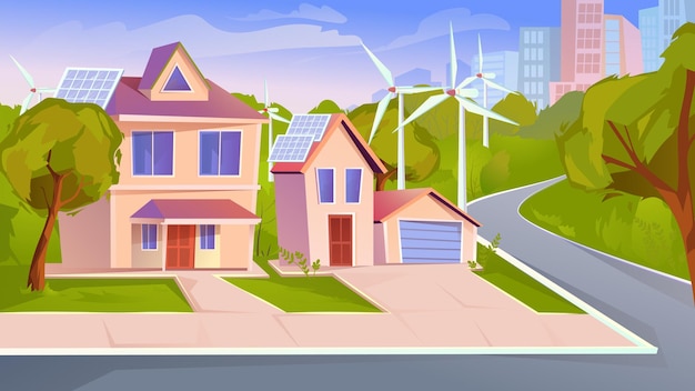 Suburb with green energy flat cartoon style illustration of web background