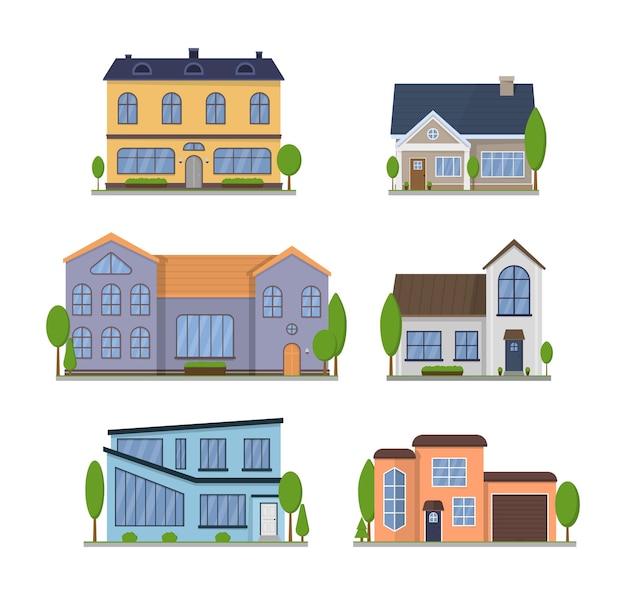 Suburban American houses exterior flat design front view with roof and some trees. Apartment in a townhouse.