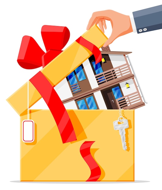 Vector suburban family house in gift box with key, ribbon and bow. countryside wooden house building present icon. real estate and rent. cartoon vector illustration in flat style