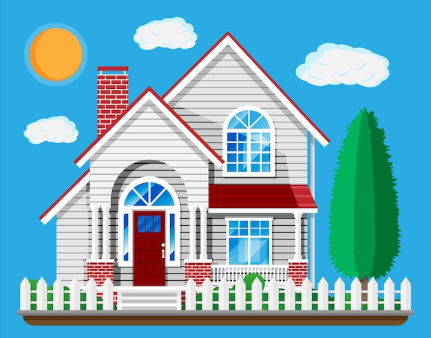 Vector suburban family house isolated on blue. countryside wooden house building icon. real estate and rent. cartoon vector illustration in flat style