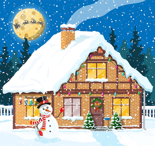 La casa suburbana ha coperto la neve. costruire in ornamento di vacanza. albero del paesaggio di natale, pupazzo di neve, renne della slitta di babbo natale. decorazione del nuovo anno. buon natale vacanza festa di natale. illustrazione