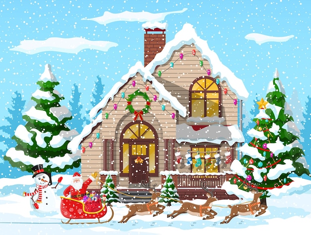 Загородный дом засыпан снегом. здание в праздничном орнаменте. рождественский пейзаж елка, снеговик, олени санях санта. новогоднее украшение. с рождеством христовым праздник рождества. иллюстрация