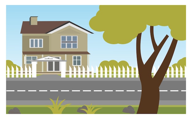 Suburban houses street with cottages with garages A street of houses with green trees and a road in perspective Village Vector illustration in cartoon style