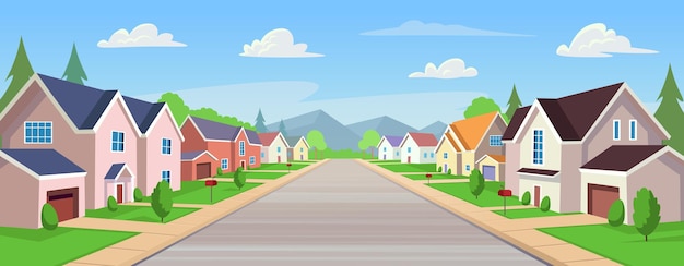 Suburban houses street with cottages with garages A street of houses with green trees