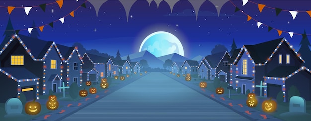 Suburban houses street with cottages with garages with big moon and fog