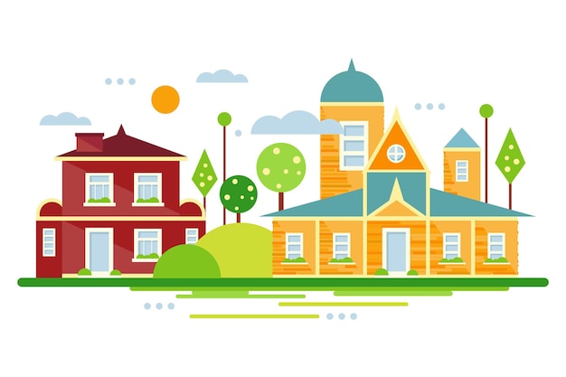 Пригородные дома, векторная иллюстрация летнего городского пейзажа в плоском стиле, веб-дизайн