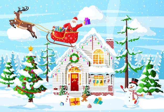 Suburban huis bedekt sneeuw. Vakantieornament inbouwen. Kerst landschap boom, sneeuwpop Santa slee rendieren. Nieuwjaar decoratie. Merry Christmas Holiday Xmas Celebration. vector illustratie