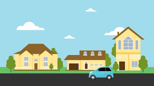 Vector suburban neighborhood houses landscape vector illustration small town decoration