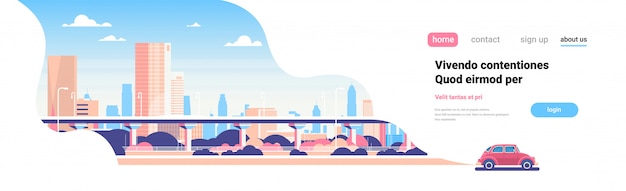 subway bridge over city skyscraper view cityscape background retro car skyline flat banner copy space